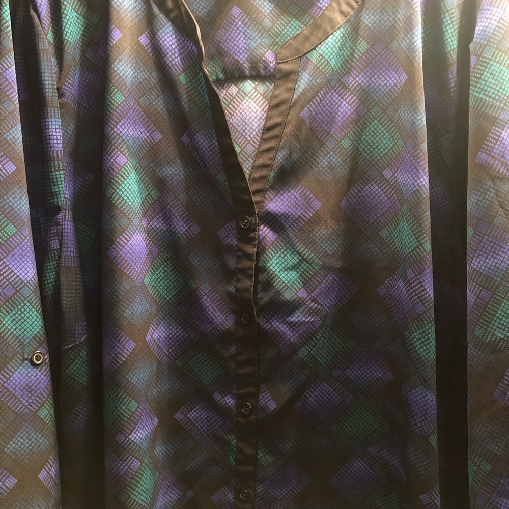 Maggie Barnes Catherine’s 5X patterned button down shirt. Purple, green, black